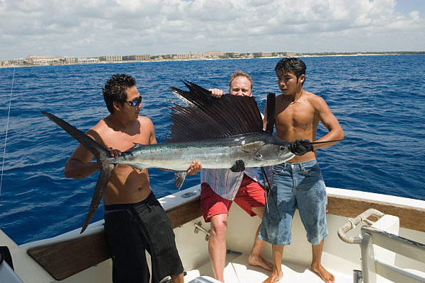 3 Men holding a caught Sailfish